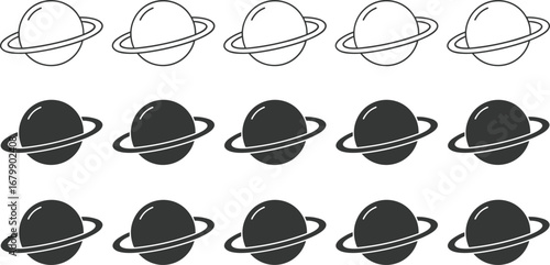 Stylized planet icons, ringed planet vector set, black and white illustration, Saturn‑like design variations, space theme graphics, astronomy symbol collection, celestial art elements