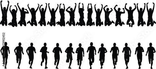 Running silhouettes, kneeling celebration poses, human motion sequence, athletic movement, sports activity, dynamic action, fitness training, exercise concept, marathon runner