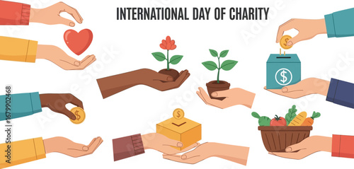 International day of charity illustration with hands holding various items for donation and support