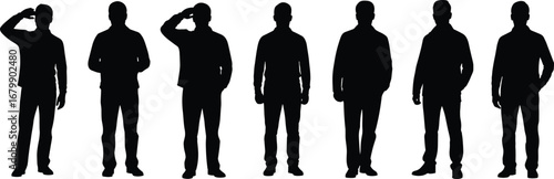 Silhouette men saluting and standing, military gesture, formal posture, black vector art, respect concept, uniformed figures illustration, discipline and honor theme