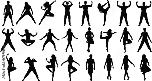 Human figure silhouettes, dynamic poses collection, black vector illustration, expressive body language, dance and fitness stances, movement reference art, active lifestyle concept