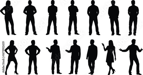 Human posture and gesture silhouettes, men and women standing poses, black vector illustration, expressive body language, character design reference, attitude stance art