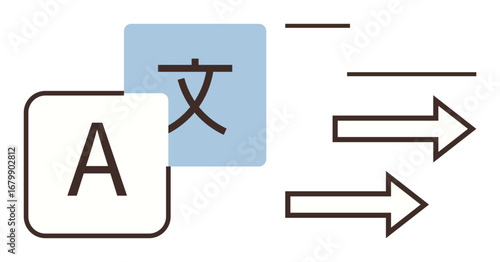 Letter A and Asian character with arrows symbolizing language conversion, communication, globalization, education, linguistics, technology, and cross-language interaction. Ideal for simple flat