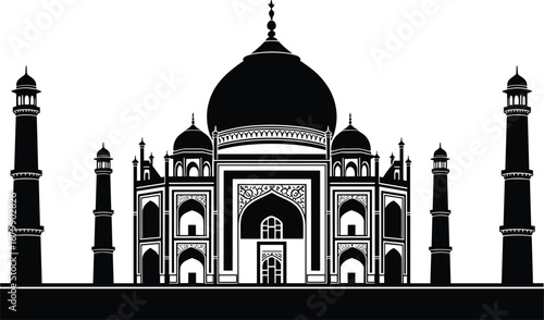 Taj Mahal silhouette, black vector illustration, famous Indian monument, Mughal architecture, UNESCO World Heritage Site, historical landmark art, Agra tourist attraction graphic