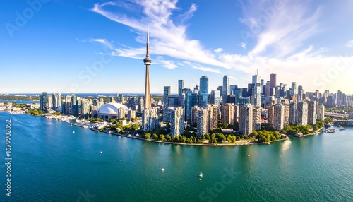 Panoramic aerial view of the stunning Toronto skyline from Lake Ontario