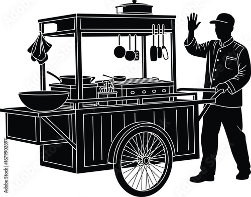 Silhouette street food vendor with cart, cooking utensils, greeting gesture, mobile kitchen, urban market scene, black vector art, food stall illustration, culinary culture