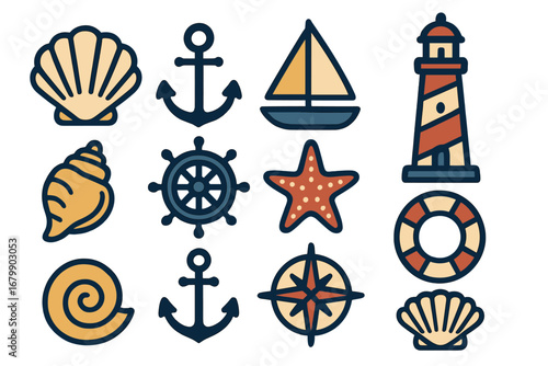 Nautical marine icon set with anchor, lighthouse, ship wheel, and sailboat. Sea and ocean symbols collection. Vector cartoon illustration of shells, starfish, compass, lifebuoy.