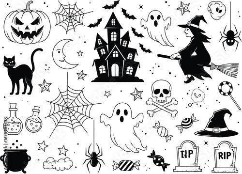 Halloween themed illustration with witch, pumpkin, haunted house, and other spooky elements on white