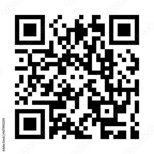A fake black and white QR code, in a flat graphic style on a plain white background, symbolizes modern digital access and communication
