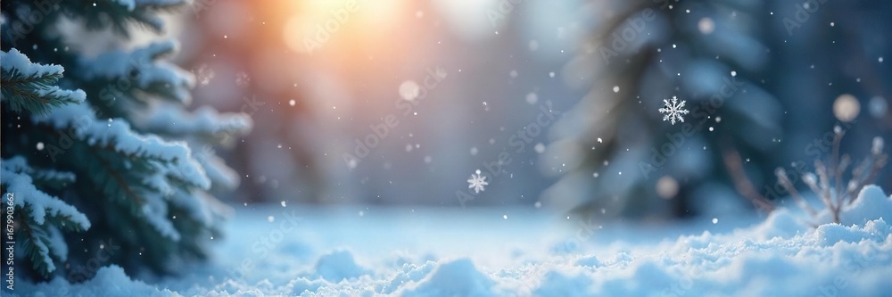 Naklejka premium Mesmerizing slow-motion shot of delicate snowflakes gently falling against a softly blurred winter background Perfect for winter, holiday, and nature themes , snow flurry, icy, winter scene