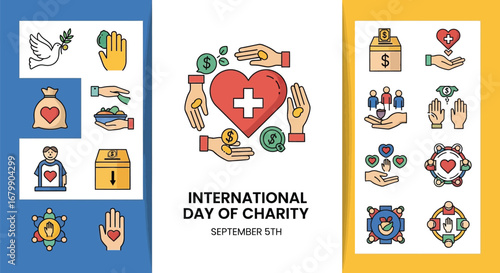 International day of charity september fifth with donation and support icons on blue and yellow background