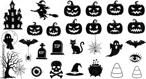 A collection of halloween themed vector images including pumpkins witch and haunted house silhouettes
