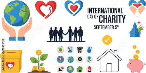 International day of charity graphic with hearts hands globe and donation related icons on white background