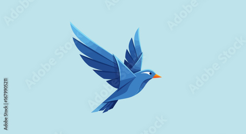 Stylized blue bird in flight with geometric origami design.