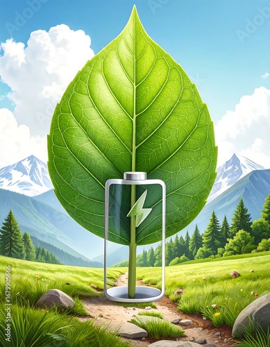A large, vibrant green leaf encompasses a battery, symbolizing sustainable energy and a natural power source, amidst a serene mountain landscape.