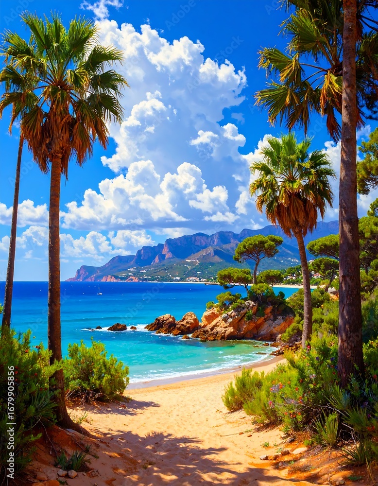 Fototapeta premium A sun-drenched beach scene unfolds, showcasing a tranquil cove nestled between towering palm trees and lush greenery.