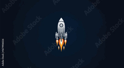 Sleek cartoon rocket taking off with fiery exhaust.