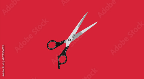 A pair of open scissors with black handles and silver blades.