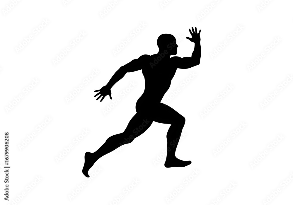 Fototapeta premium Black Silhouette of a Muscular Man Running with Great Speed on a White Background