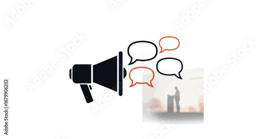 Megaphone with Speech Bubbles: Communication and Announcements.