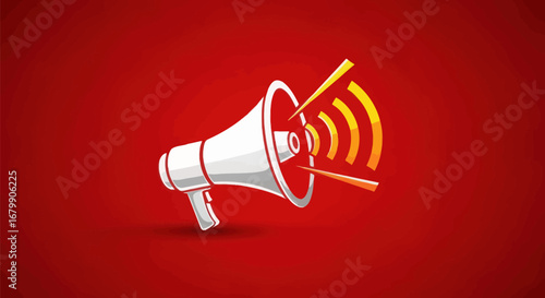 White megaphone with red accents broadcasting sound waves on a red backdrop.
