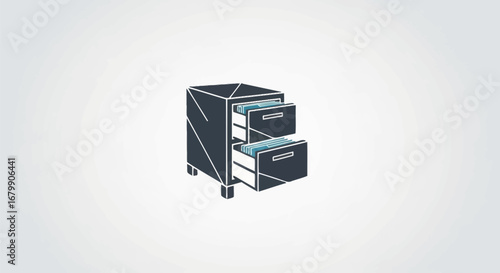 Detailed illustration of a small filing cabinet with two open drawers for office use.