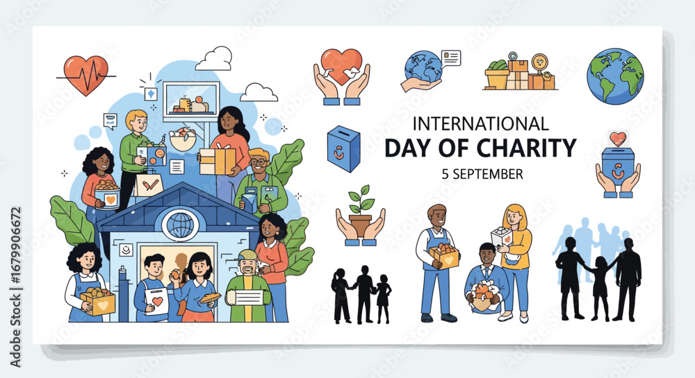 Naklejka premium International day of charity illustration with diverse people and helping hands on white background