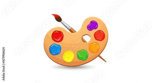 Wooden artist palette with colorful paint and brush for painting.