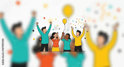 Diverse group of people celebrating a happy moment with balloons and joy.