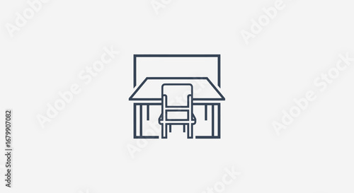 Minimalist Line Art Icon of an Empty Office Desk and Chair.