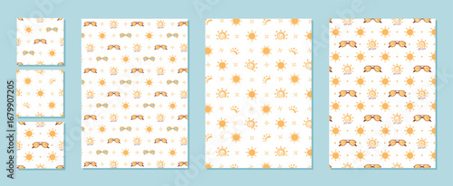 Cartoon seamless pattern with sun shapes and SPF, sunscreen and sunblock with sunglasses logo. Summer skin protection pattern in a flat style for background cosmetic product or packaging use.