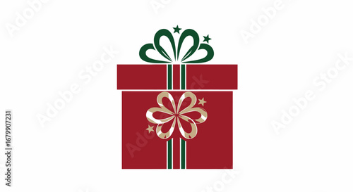 Festive red gift box adorned with elegant green and silver ribbons and bow.