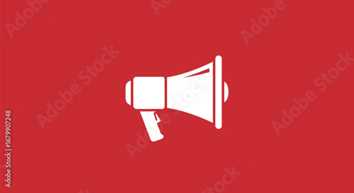 White Megaphone Icon on Red Background.