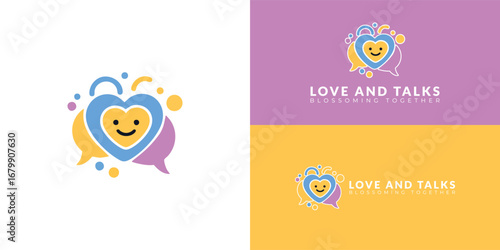 This logo represents joyful communication and heartfelt connections. It features two speech bubbles shaped like a heart with a smiling face, illustrating an approach to autism therapy for children.