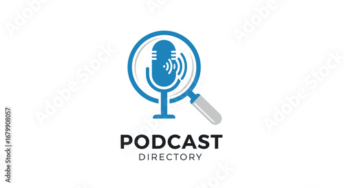 Podcast Directory Logo with Microphone and Magnifying Glass.