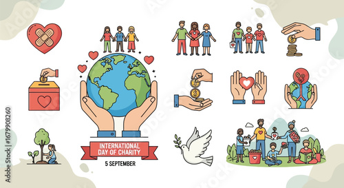 International day of charity illustration with diverse people and symbols of giving and support