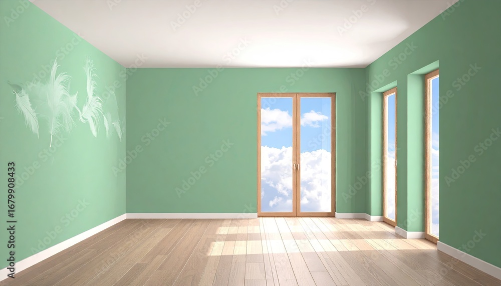 Obraz premium Minimalist Green Room Interior With Large Windows and Cloud View