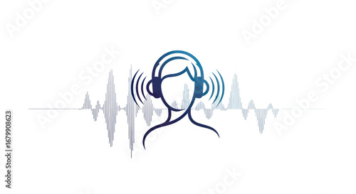 Stylized line art icon of a person listening to audio with headphones.