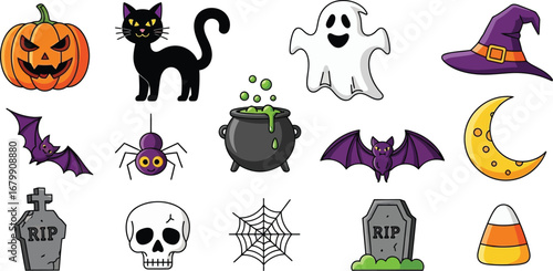 A collection of halloween themed cartoon illustrations with a variety of spooky and festive icons