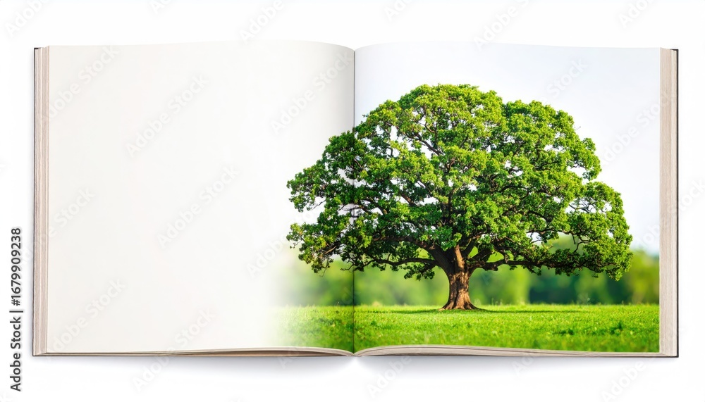 Obraz premium Open Book Showing Lush Green Oak Tree in a Sunny Field
