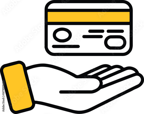 Illustration of a hand holding a credit card, representing digital payment, online banking, and financial transactions isolated on white background