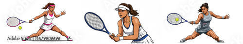 Set of 3 Female Tennis Player Vector Illustrations. Dynamic Sports Characters on Isolated Background