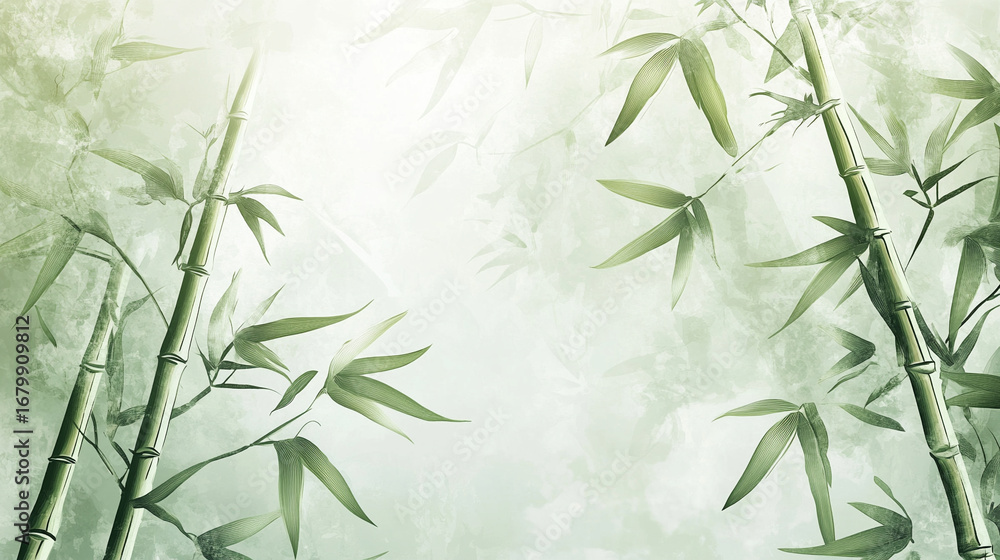 Naklejka premium 和風の竹と葉の和風背景イラスト 