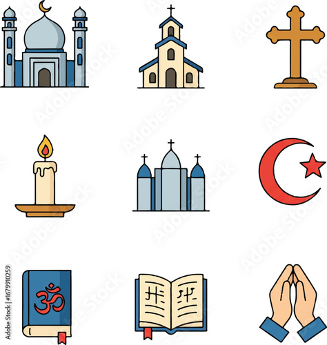 Flat lay icon set vector of various religious symbols and objects on white background