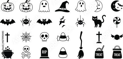 Collection of halloween themed black and white icons including pumpkins ghosts and other spooky symbols