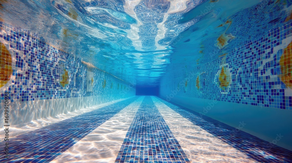 Obraz premium A vibrant underwater view of a swimming pool lane lined with colorful mosaic tiles, showcasing the depth and clarity of the water.