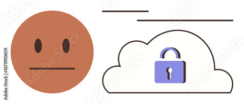 Neutral face emotion beside a cloud with a locked padlock, indicating data security, privacy protection, control over sensitive information. Ideal for technology, security, confidentiality, emotions
