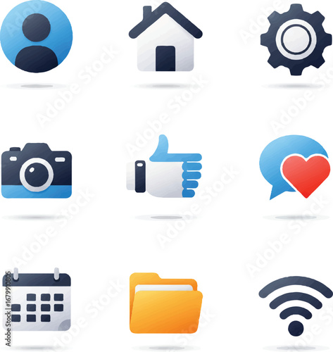 Flat lay of a diverse icon set vector on a clean white background with a modern and minimalist mood.