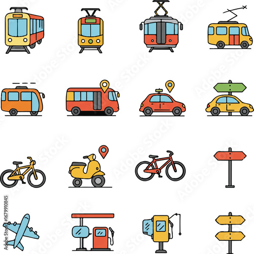 Icon set vector of various transportation modes on a white background, including cars, buses, bicycles, and airplanes, in a colorful and modern style.