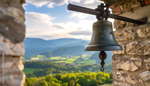 Wallpaper Mural An antique bell hangs from a weathered stone wall, overlooking a picturesque valley landscape. Torontodigital.ca